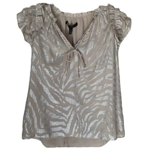 WHBM Taupe Metallic Zebra Print Ruffle Sleeve Chiffon V-Neck Top NWT Size Small - Picture 1 of 5